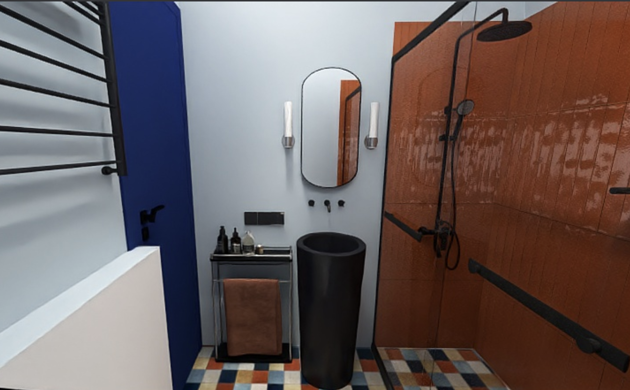 Bathroom with orange tiles and black fixtures