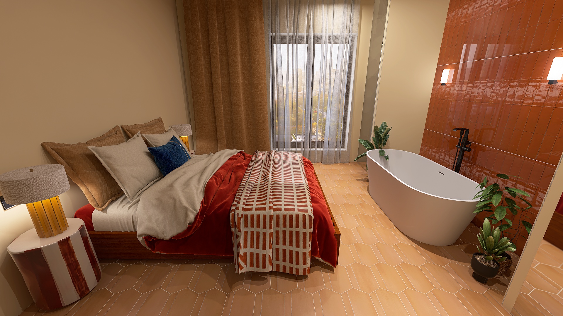 Bedroom with freestanding bathtub and terracotta tiles