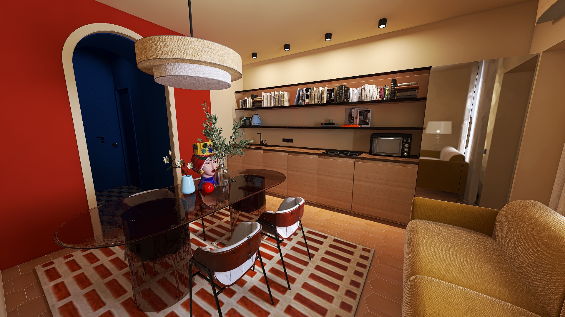 Dining and kitchen with red accent wall, shelving and mirror