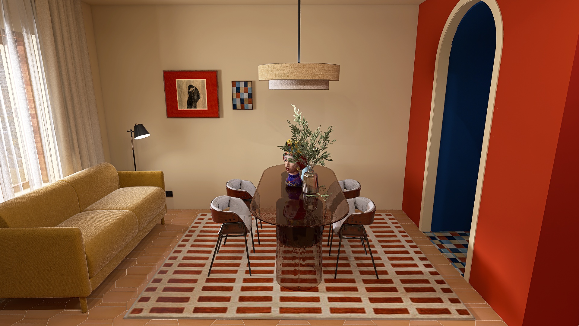 Living and dining area with mustard sofa and arched doorway